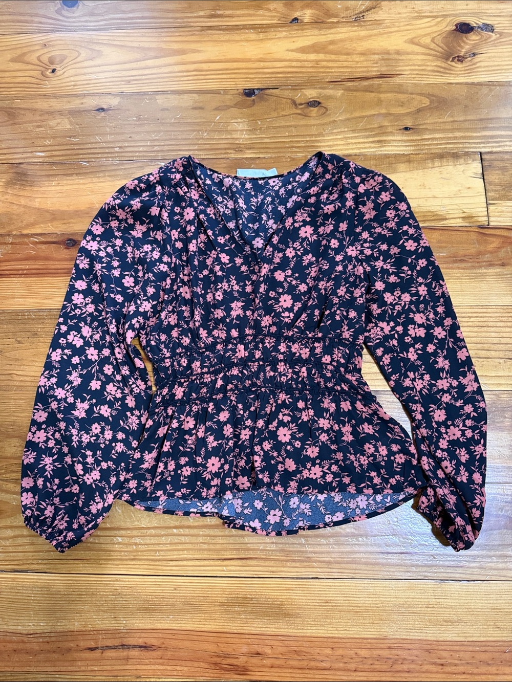 Lush Black Blouse with Pink Floral Print